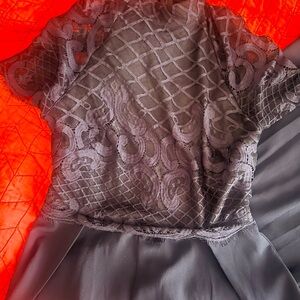 Navy romper, lace top, wide leg